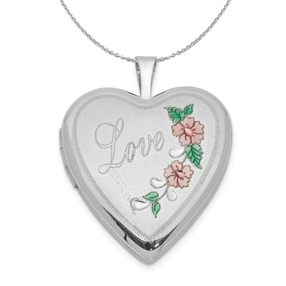 Silver and Enamel 20mm Love Floral Heart Locket Necklace - 16 In